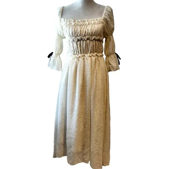 Unbranded | Dresses | Coquette Cottage Womens Sz M Ivory Beige Smocked  Shirred Puff Sleeve Midi Dress | Poshmark